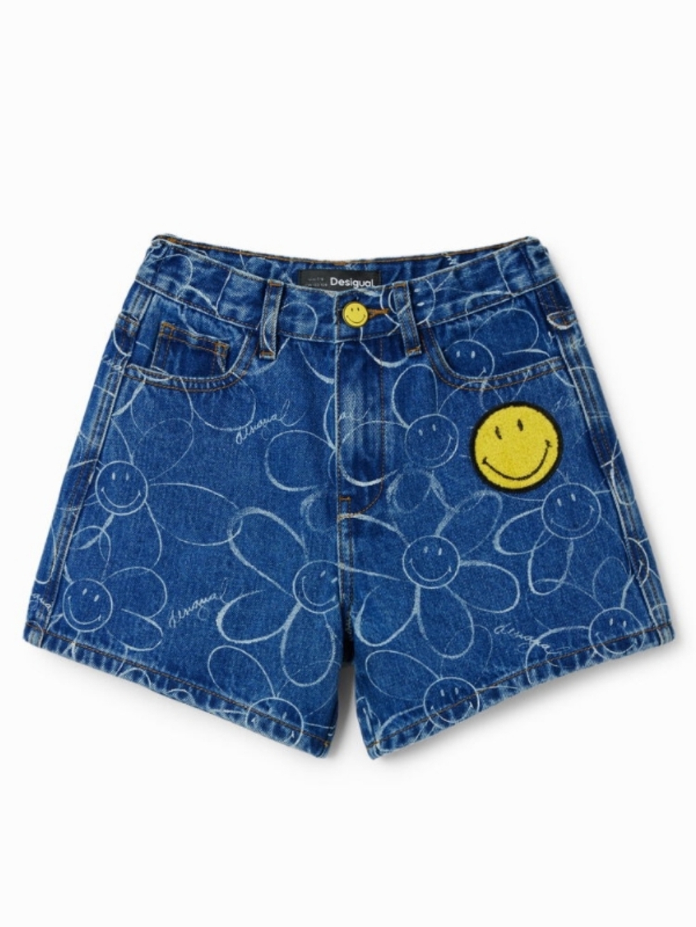 Desigual Blue Denim Shorts with Yellow Smiley Patch